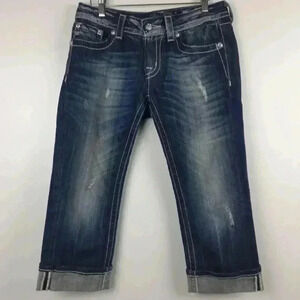 MISS ME BLING STUDDED EMBROIDERED CROSS CROP DENIM JEAN